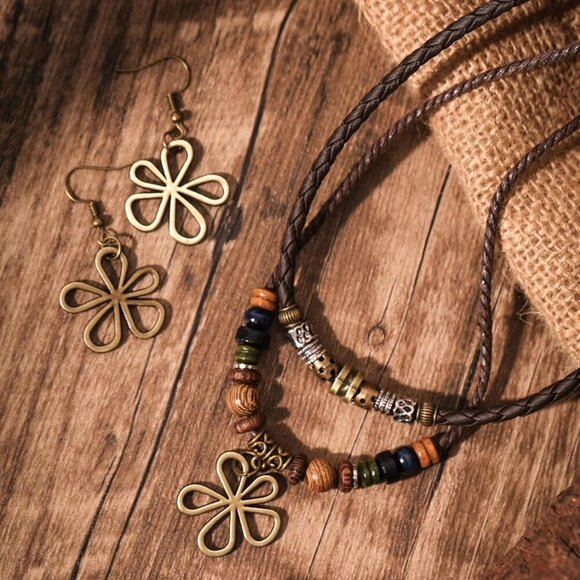 Ethnic Boho Colorful Braided Rope Necklace, Multi-Layered, Wooden Beads, Copper - Picture 5 of 7